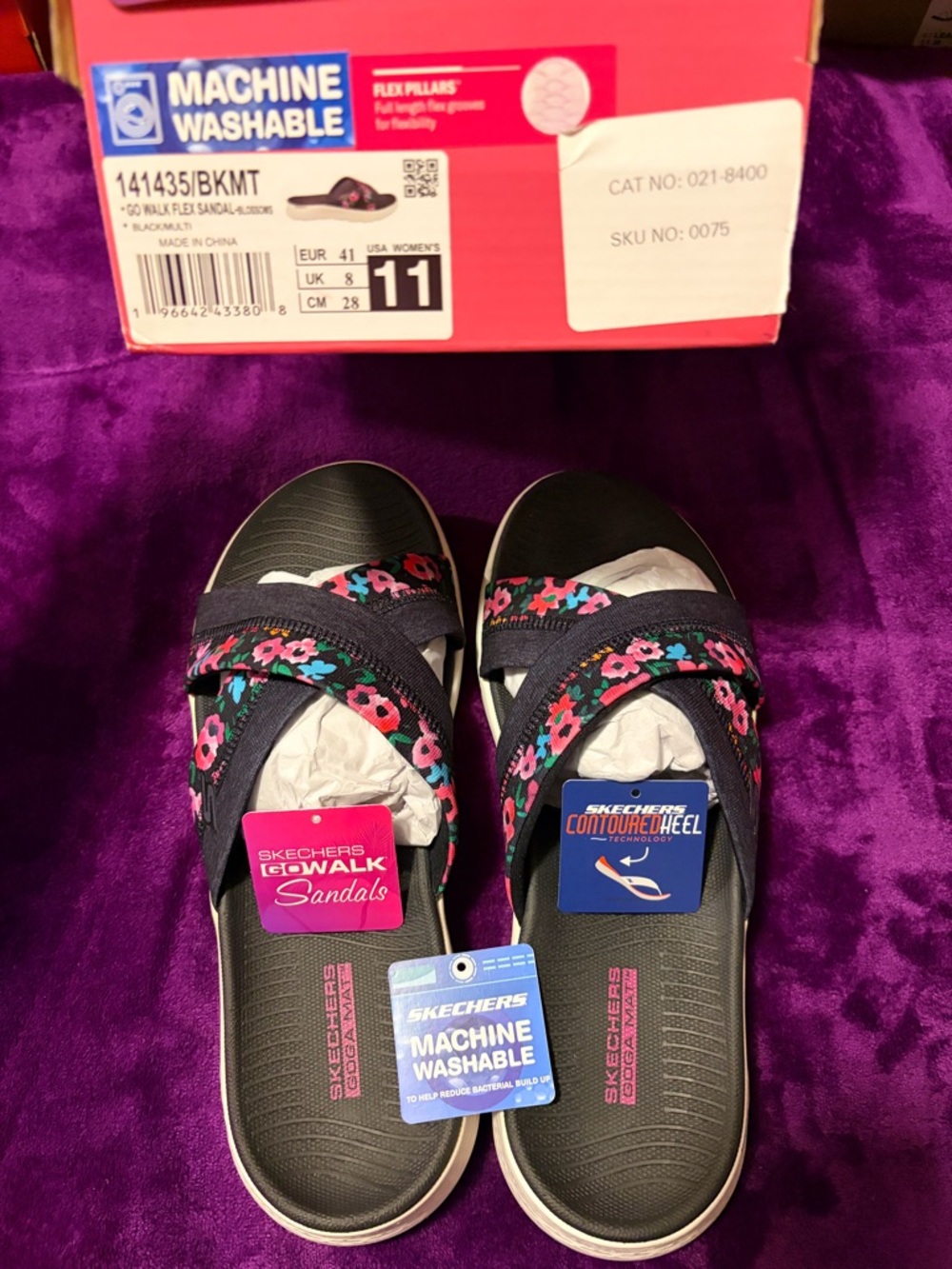 Skechers Black Floral Strap Slip-On Sandals for Women
